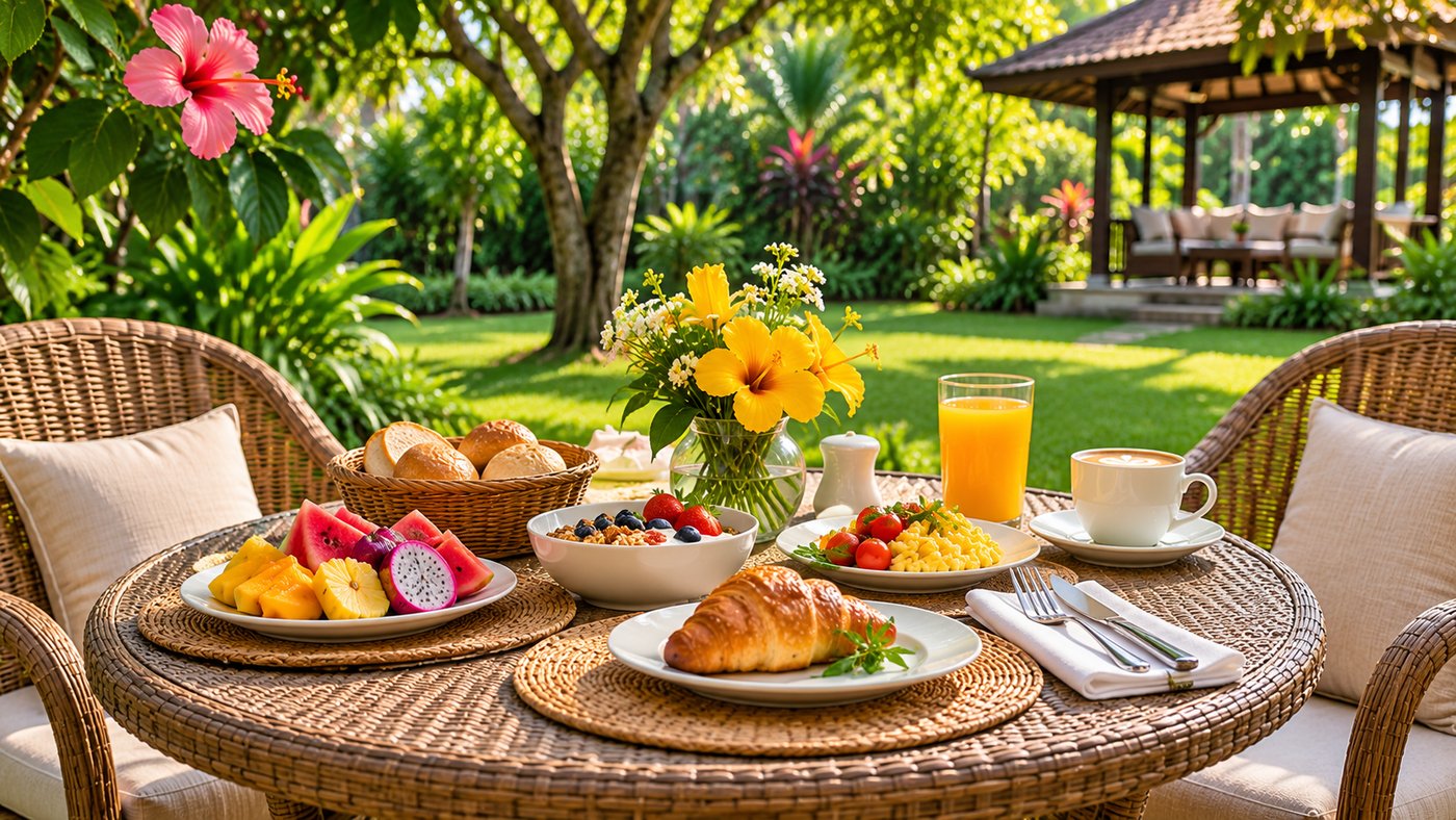 AI-generated outdoor breakfast with fruit, pastries and coffee in a tropical garden. Fictional hotel illustration; not an actual property.
