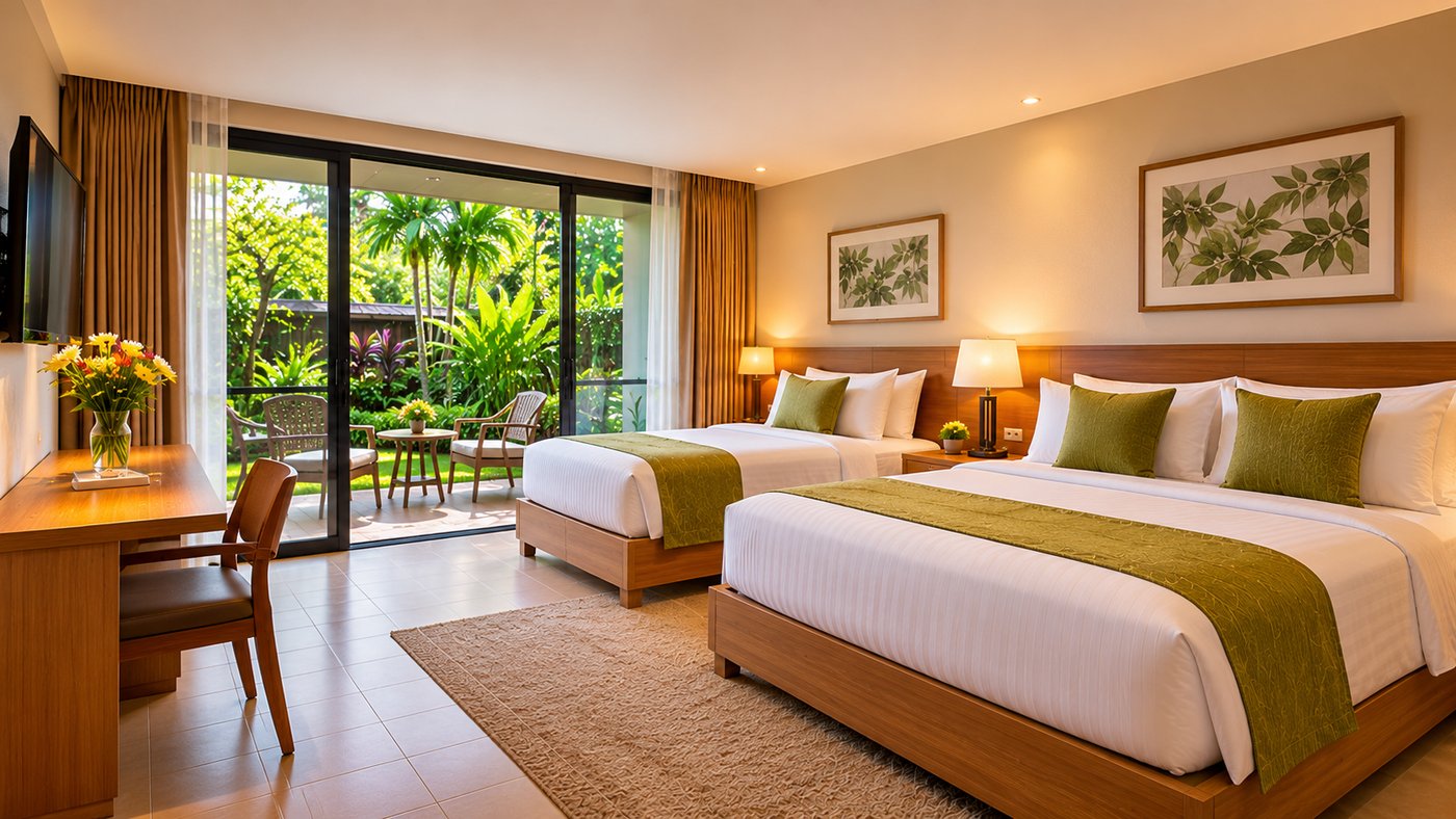 AI-generated family accommodation with two beds and a view of the tropical garden. Fictional hotel illustration; not an actual property.
