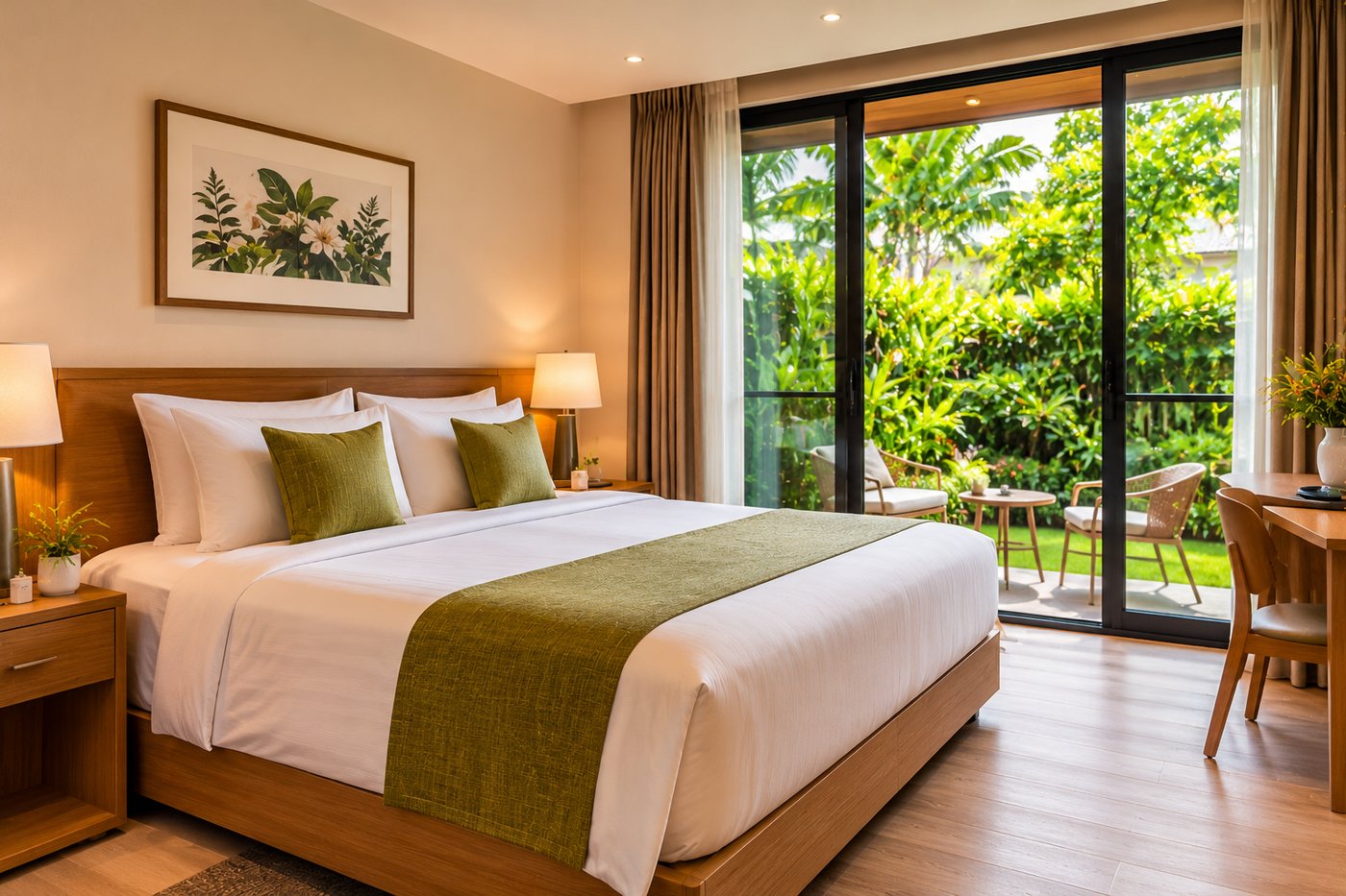 AI-generated Garden Room with white bedding, green accents and a tropical garden patio. Fictional hotel illustration; not an actual property.