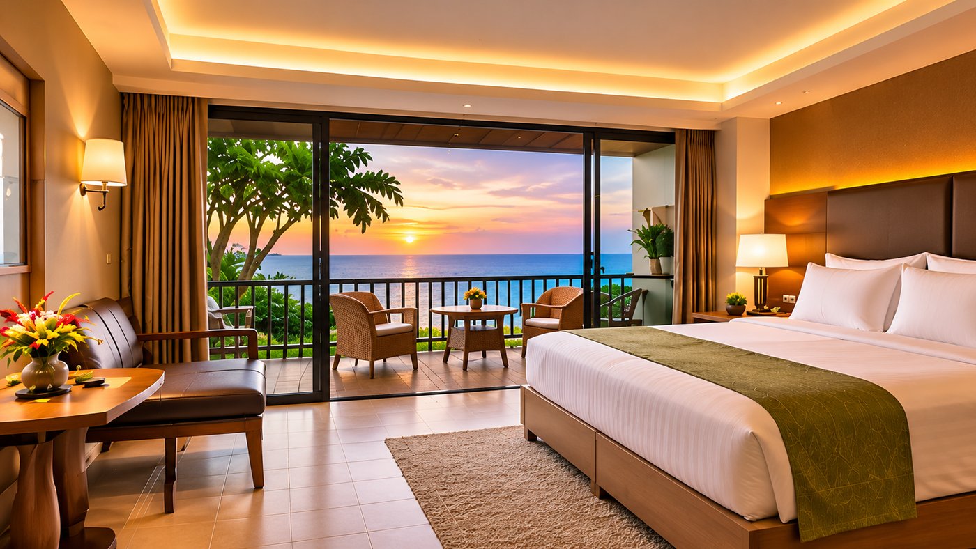 AI-generated Terrace Suite with king bed, seating and a sunset ocean-view balcony. Fictional hotel illustration; not an actual property.